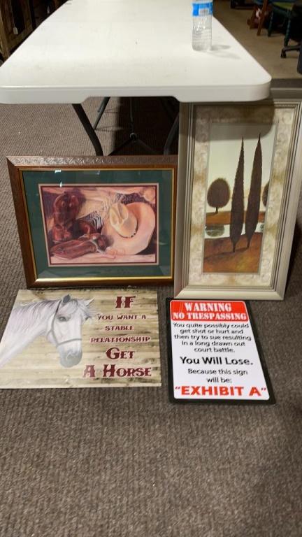 Lot of 2 metal signs & 2 framed pictures