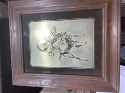 Box of framed & metal art, western art & frames