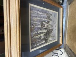 Box of framed & metal art, western art & frames