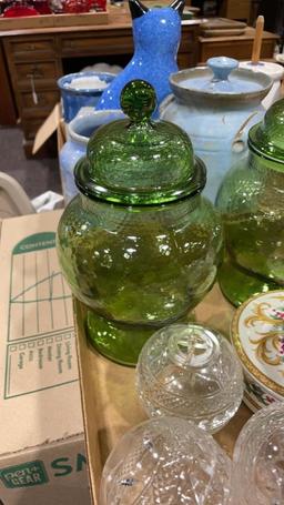 Box of green glass jars w/lids & clear ornaments