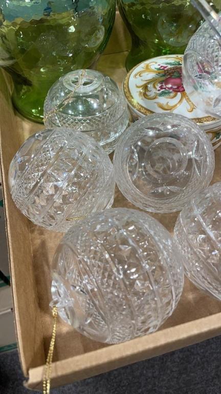 Box of green glass jars w/lids & clear ornaments