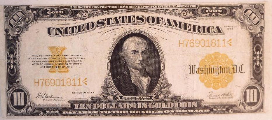1922 $10 Gold Coin Note