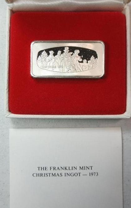 1973 THE FRANKLIN MINT CHRISTMAS INGOT PROOF STERLING SILVER BAR