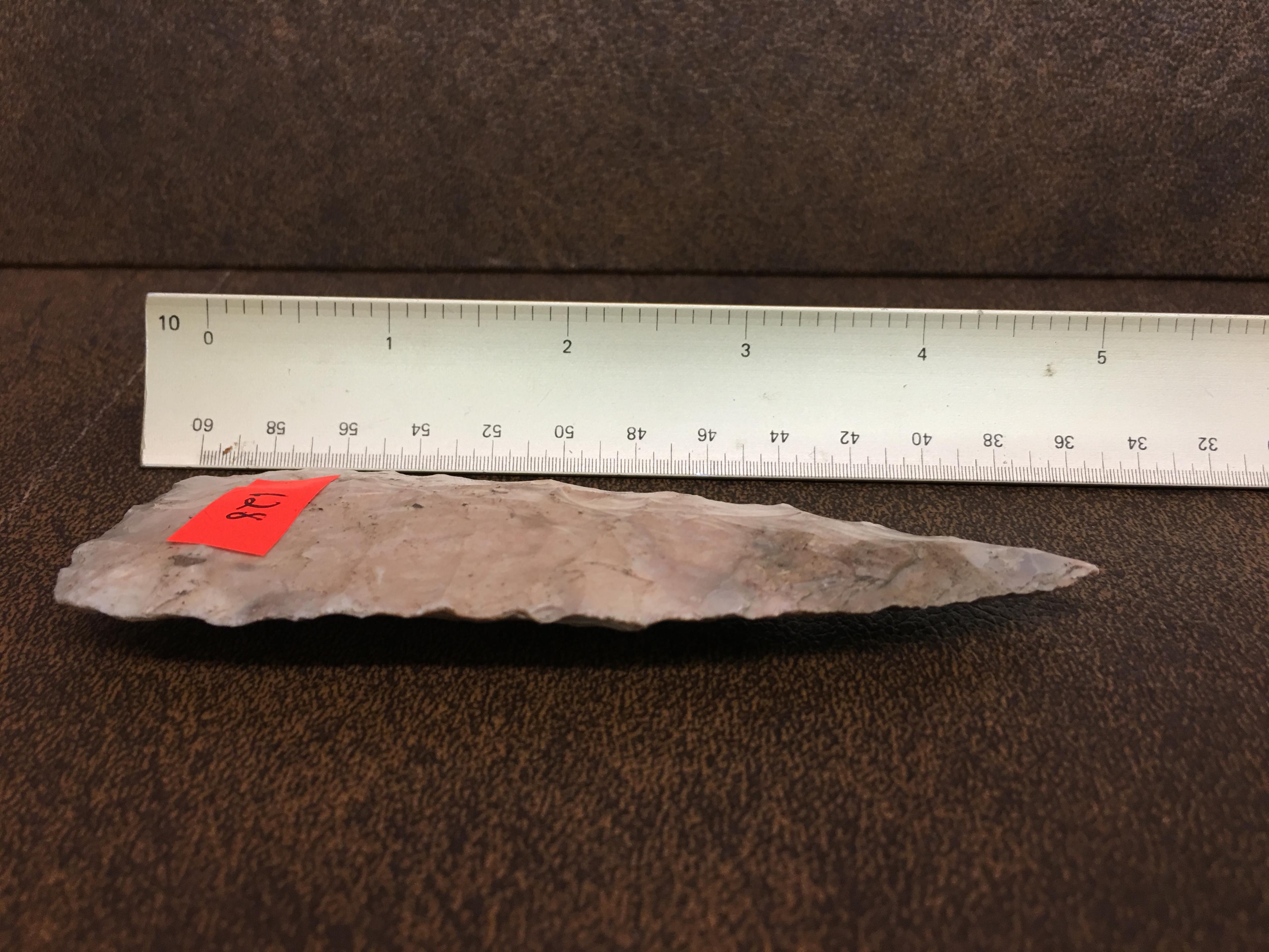 Triangular Cobbs Knife Arrowhead, Resharpening. Length-4 9/16" x Width-1 5/8"
