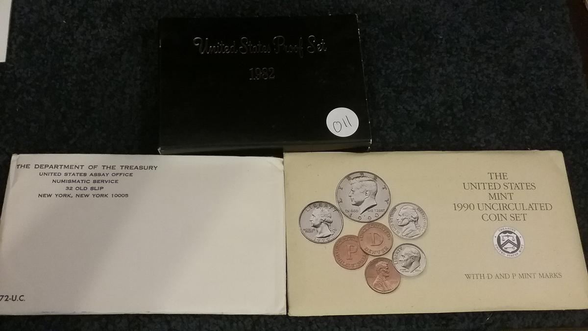 1972, 1990 mint sets and a 1982 proof set