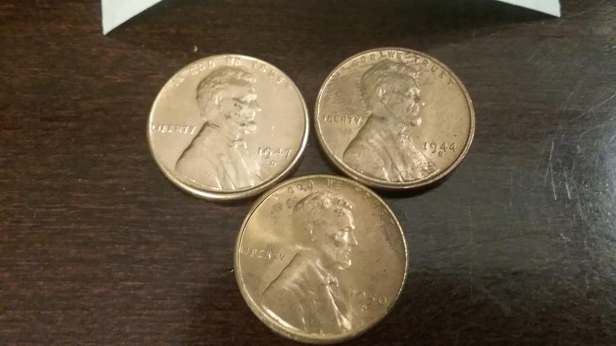 1947-D, 1944-S, 1950-S BU Wheat cents
