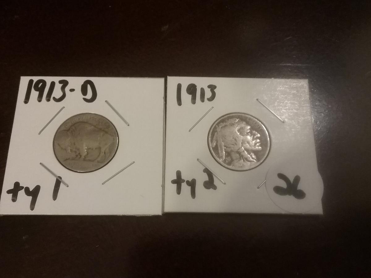 1913-D Type 1 Buffalo Nickel and a 1913 Type 2 Buffalo Nickel