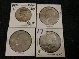 1991-S PF DCAM Half-Dollar, and three Brilliant Uncirculated Eisenhower Dollars