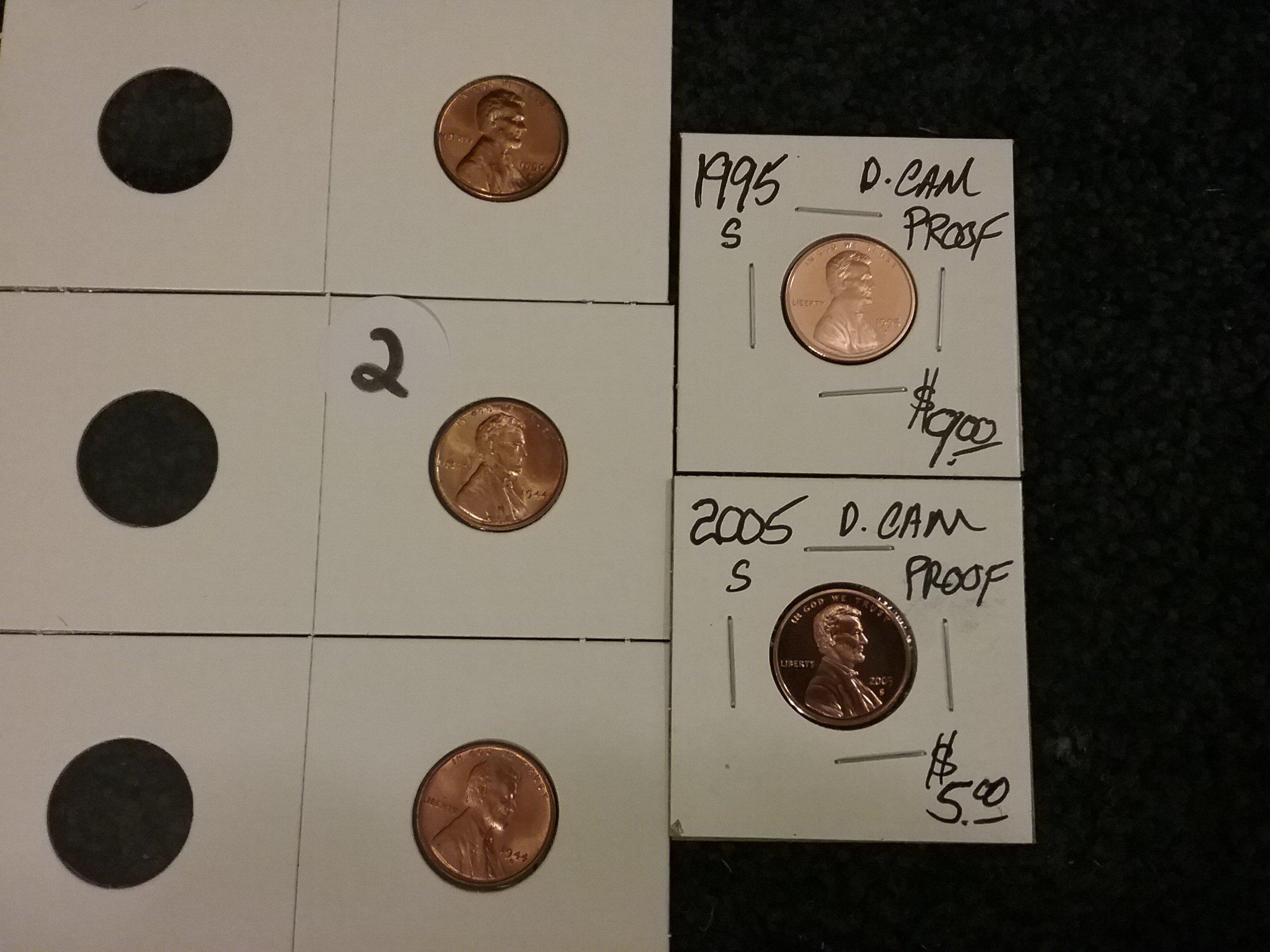 1944, 1944-S, 1956-D GEM RED BU Wheat cents and 1995-S and 2005-S PFDCAM 1 cents