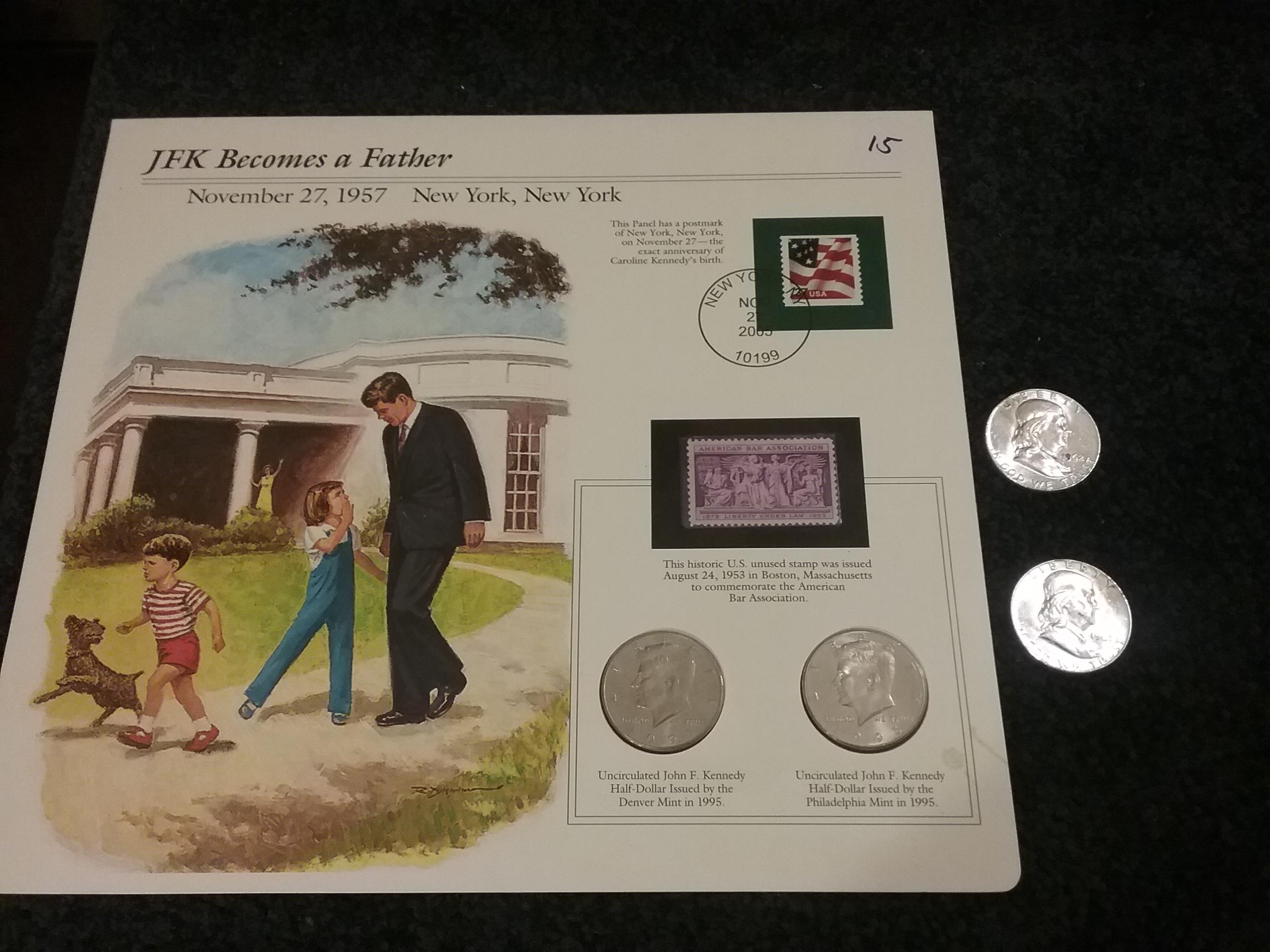 Collection! John F Kennedy History card with two Kennedy Half-Dollars, and ….