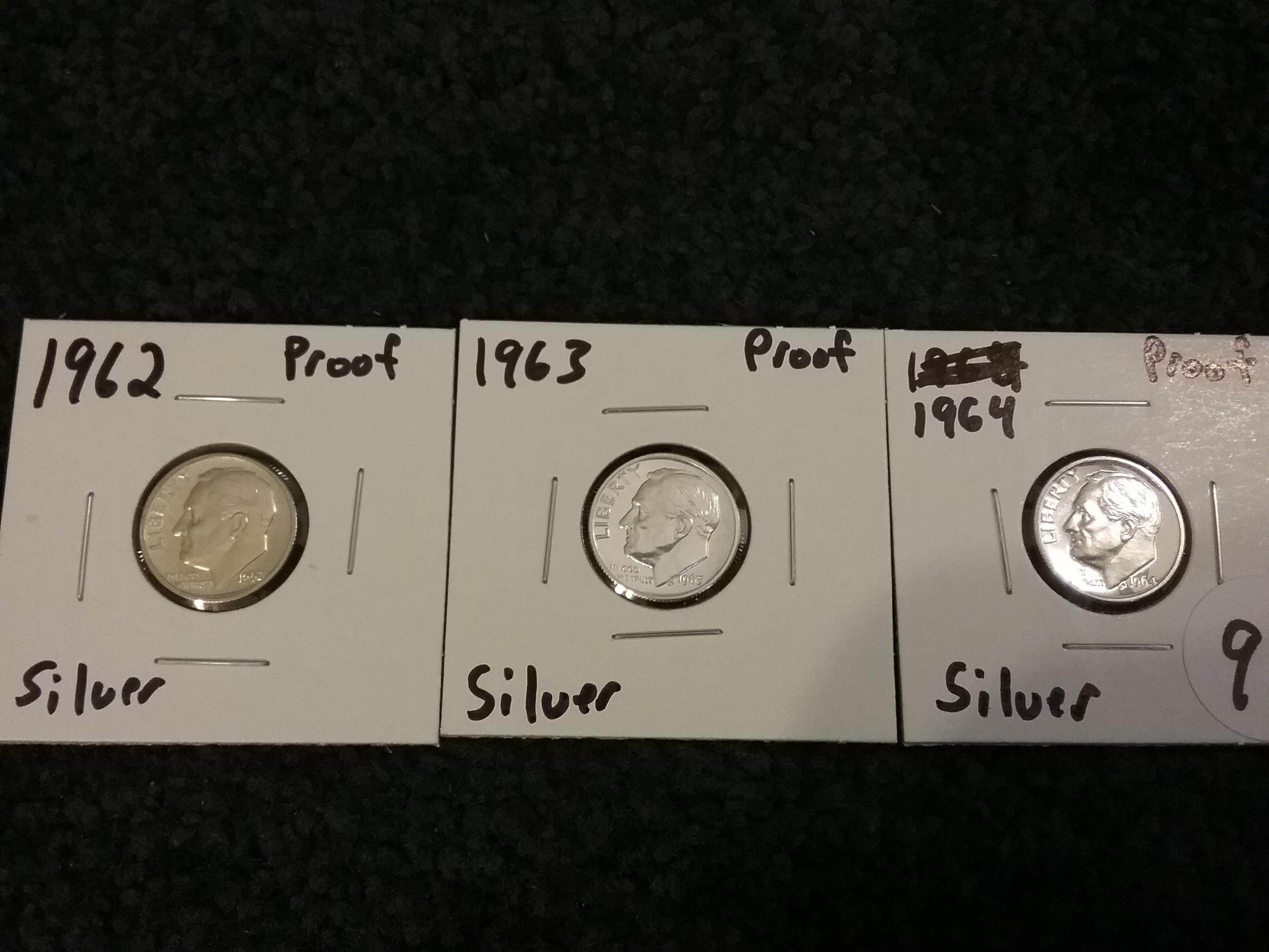 Three Proof Silver Roosevelt Dimes….1962, 1963, 1964