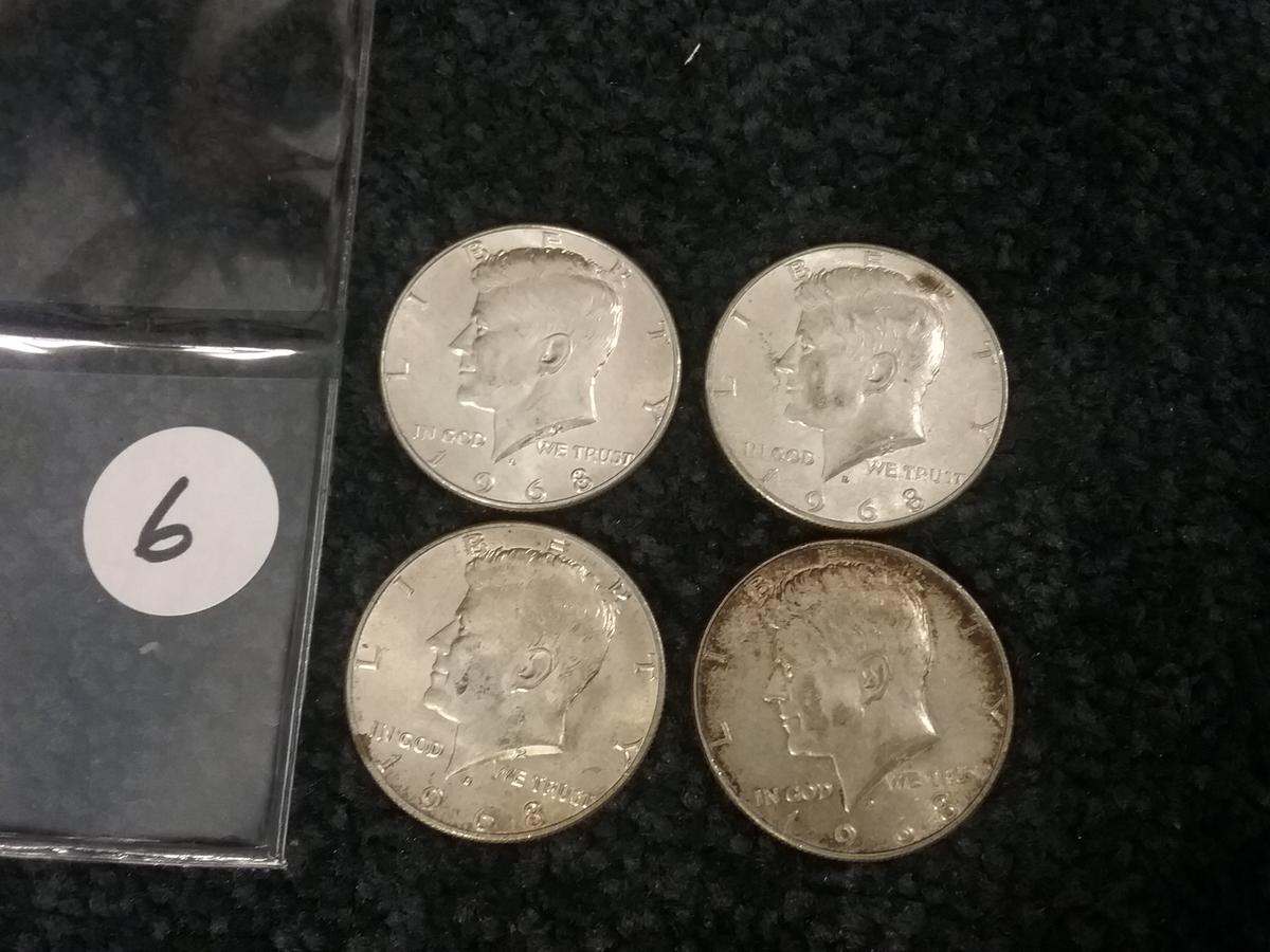 Four 1968-D 40% Silver Kennedy Half Dollars