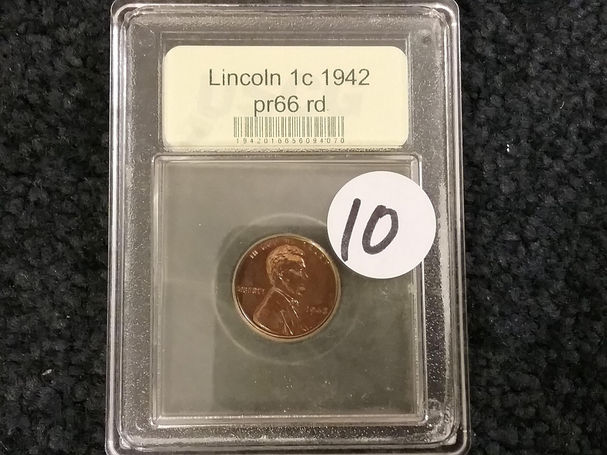 Slabbed 1942 Wheat Cent in Proof 66 RED