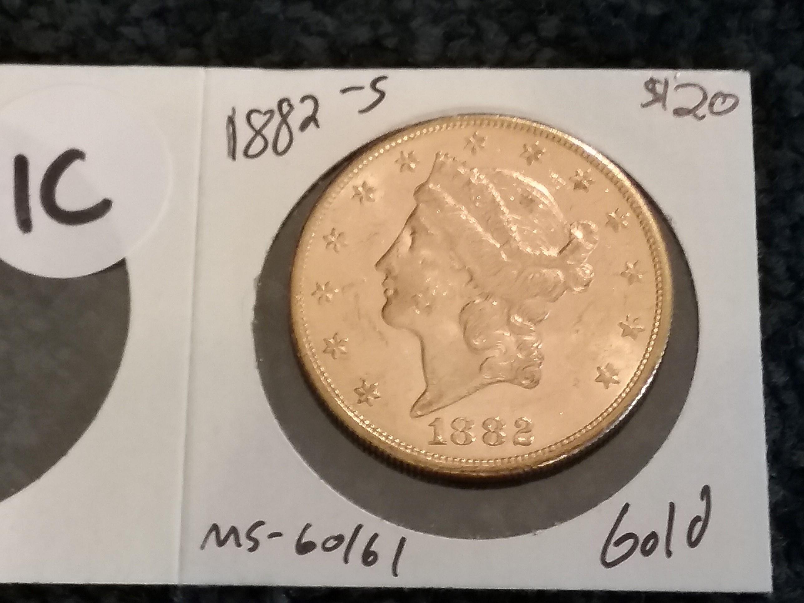 GOLD 1882-S $20 Double Eagle Liberty type 3 in MS-60/61