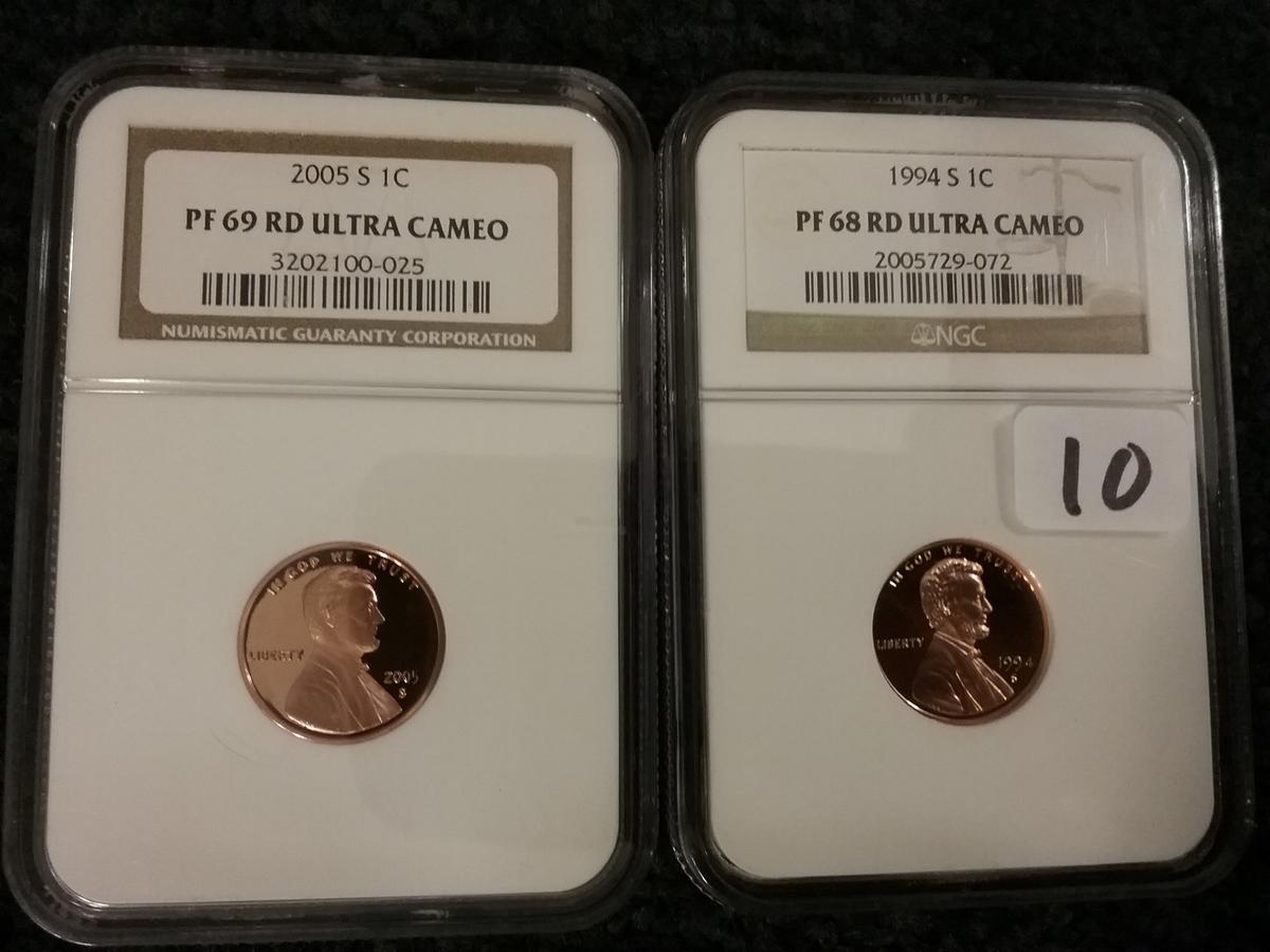 NGC 2005-S Cent in PF 69 UC and 1994-S Cent PF 68 UC