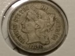 1876 three cent nickel in Very Fine 25