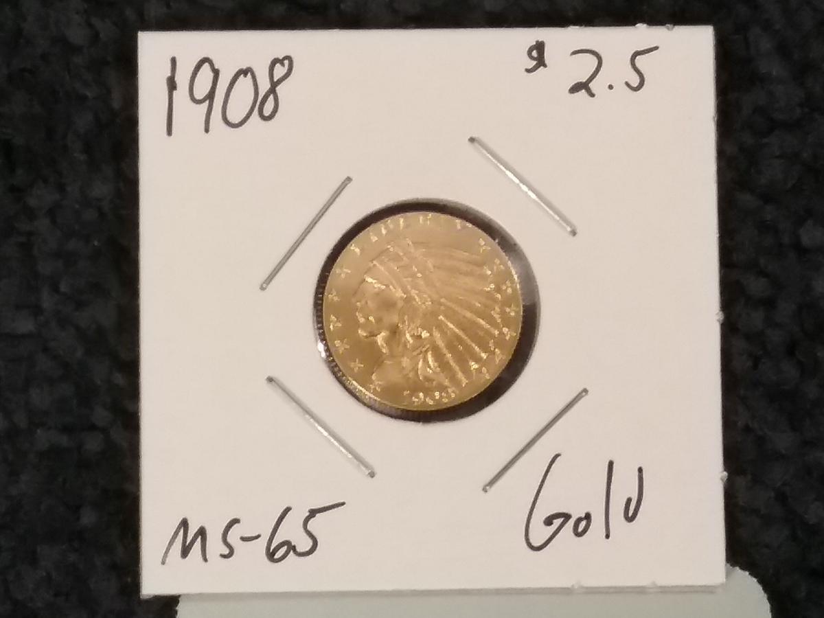 Stunning 1908 $2.5 GOLD Quarter Eagle in MS-65