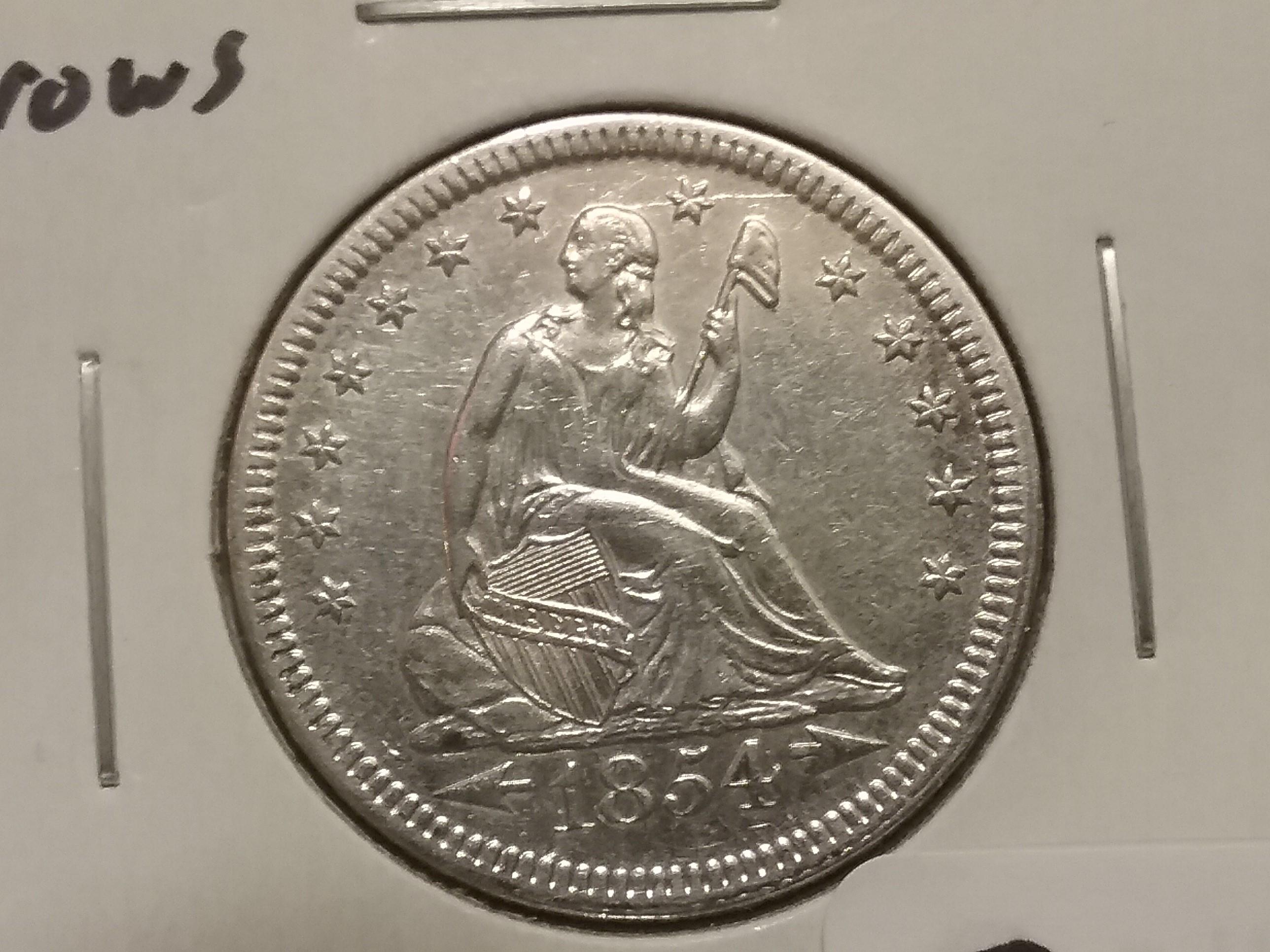 1854 Seated Liberty Quarter in About Uncirculated 58-details