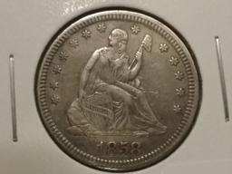 1858 Seated Liberty Quarter in XF-45 details