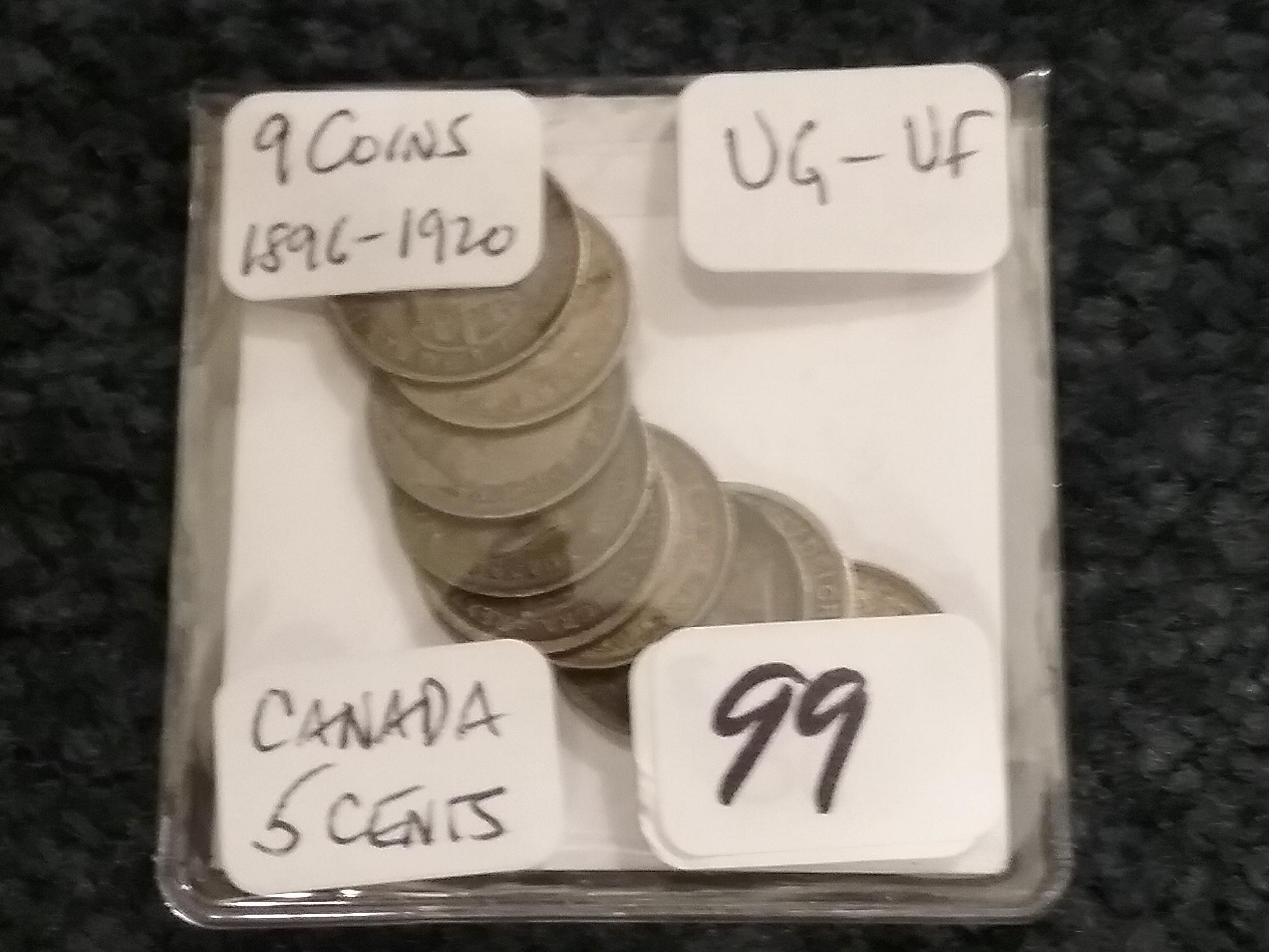 Group of 9 SILVER Canada 5 cents