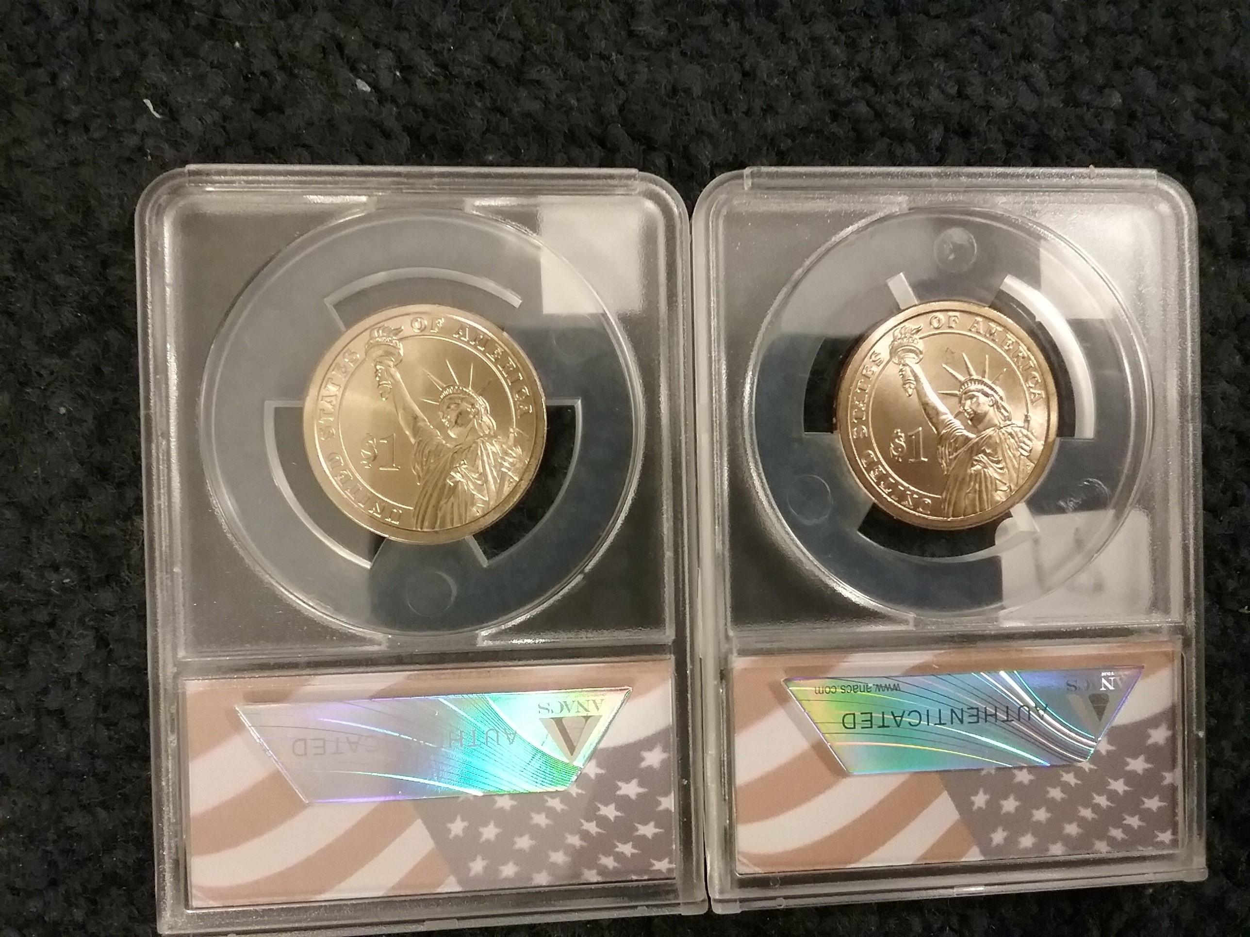 Two 2008-P ANACS Specimen 69 Presidential Dollars