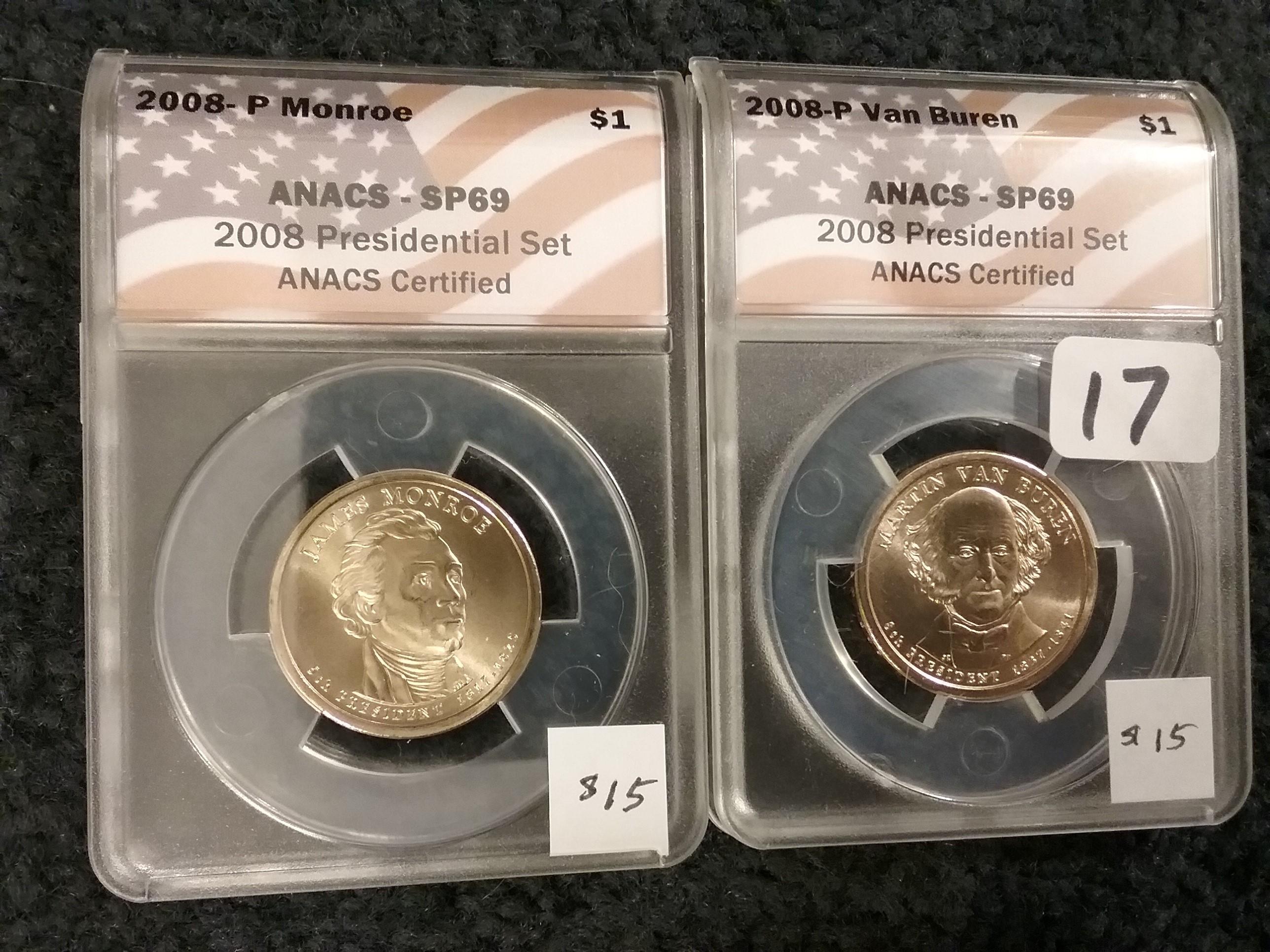 Two 2008-P ANACS Specimen 69 Presidential Dollars