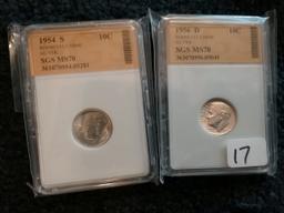 1954-S and 1956-D Roosevelt Dimes SGS MS-70