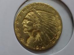 GOLD! 1914-D Indian $2.5 dollar in About Uncirculated plus condition