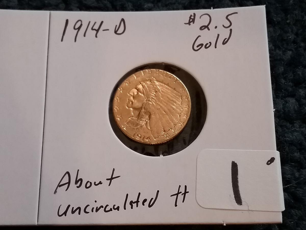 GOLD! 1914-D Indian $2.5 dollar in About Uncirculated plus condition