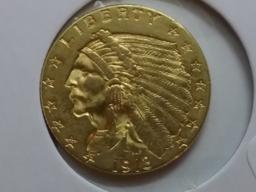 GOLD! 1913 Indian $2.5 dollar in About Uncirculated plus condition