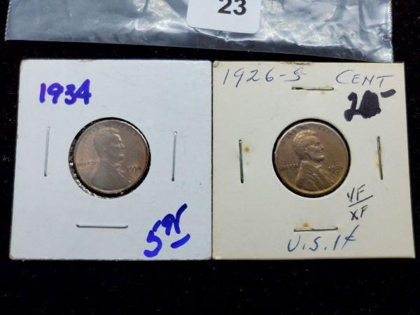 wheat cent lot includes 2-1926-s semi key dates, 1931-d, 1934, and 1956-d