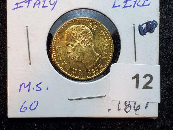 GOLD! Gorgeous 1882 Italy 20 Lire Choice Brilliant Uncirculated