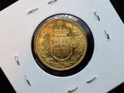 GOLD! Gorgeous 1882 Italy 20 Lire Choice Brilliant Uncirculated