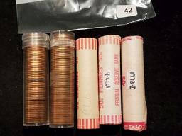 Five BU RED Memorial Cent Rolls