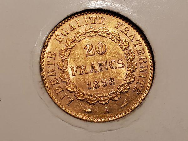 GOLD! 1898 France 20 franc in AU-BU