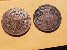 Two 1864 Two Cent pieces