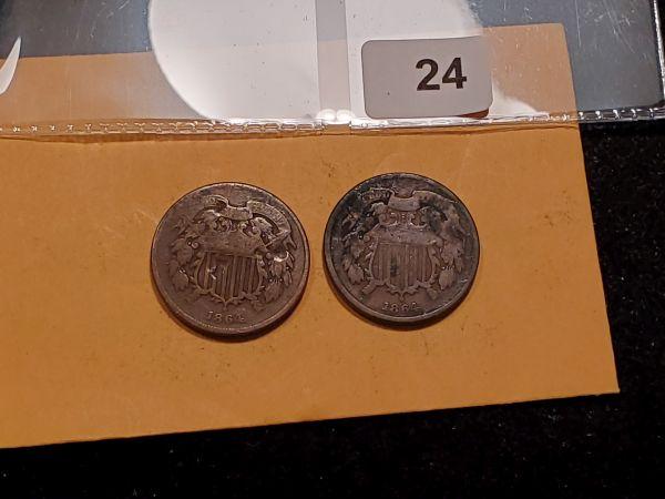 Two 1864 Two Cent pieces