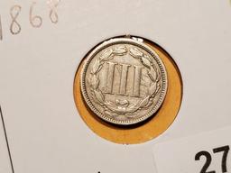 1868 Three Cent Nickel in Fine details