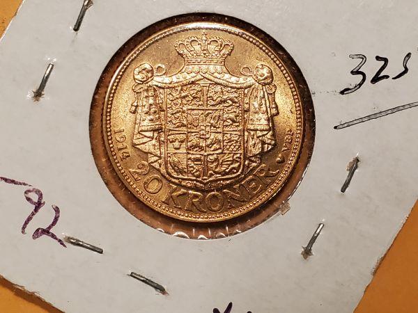 GOLD! Nice Brilliant Uncirculated Denmark 1914 20 kronor