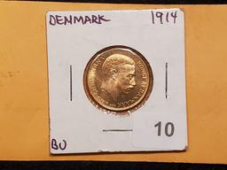 GOLD! Nice Brilliant Uncirculated Denmark 1914 20 kronor