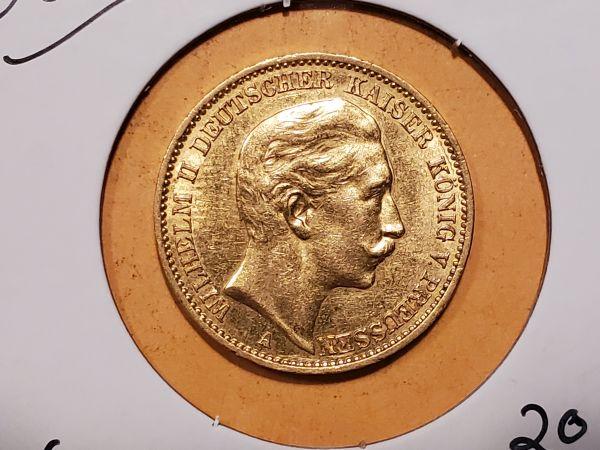 GOLD! 1912 German States Prussia 20 Mark in AU-BU