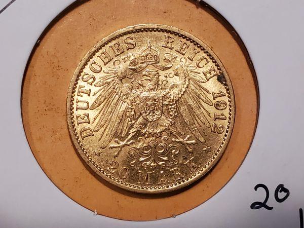 GOLD! 1912 German States Prussia 20 Mark in AU-BU