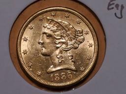 GOLD! 1886 Half-Eagle $5 Liberty head in About Uncirculated 58