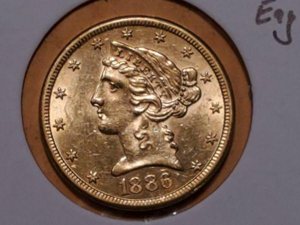 GOLD! 1886 Half-Eagle $5 Liberty head in About Uncirculated 58