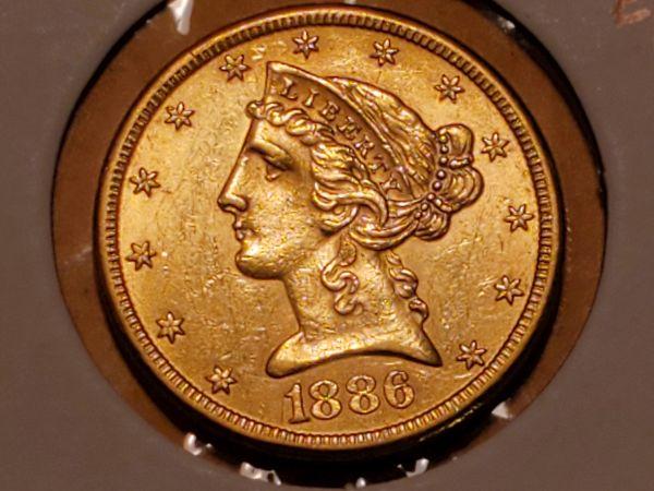 GOLD! 1886 Half-Eagle $5 Liberty head in About Uncirculated 58