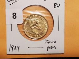 GOLD! 1924 gold Colombia cinco pesos in Brilliant Uncirculated