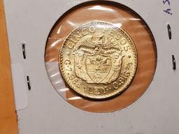 GOLD! 1924 gold Colombia cinco pesos in Brilliant Uncirculated