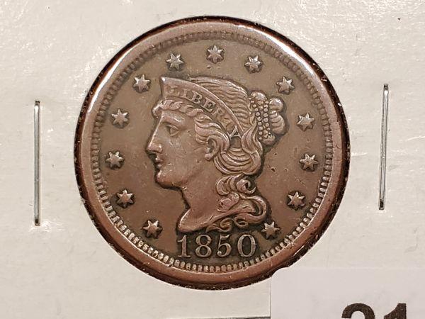 1850 Braided Hair Large Cent in Extra Fine plus