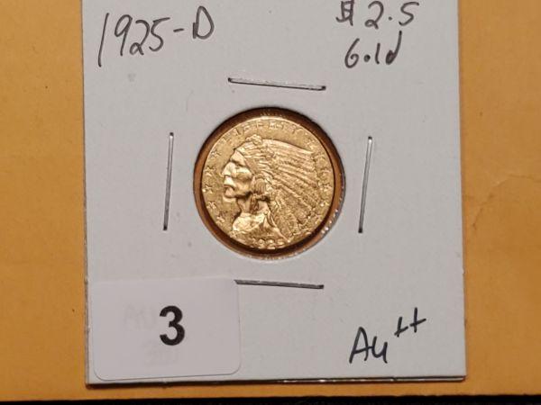GOLD! 1925-D gold $2.5 Quarter Eagle Indian in AU-58
