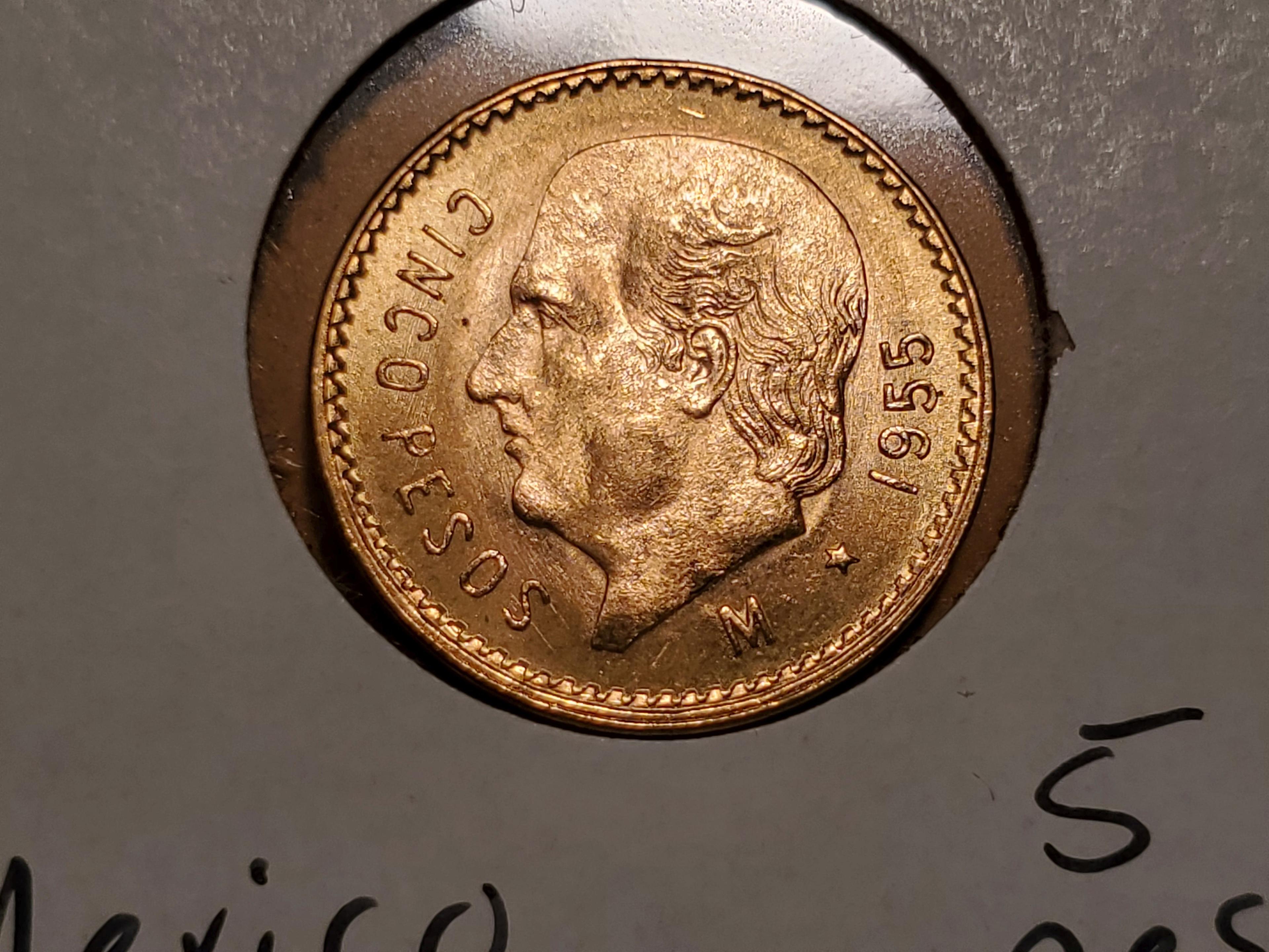 GOLD! 1955 Mexico Brilliant Uncirculated cinco pesos